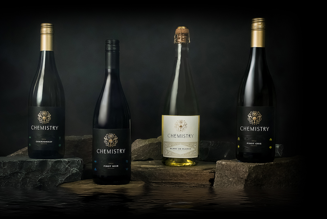 Chemistry Wine family of wines bottle shots.